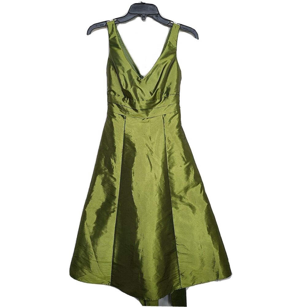 Davids Bridal Dress Green Taffeta Sleeveless A-Line Tie Back SZ 2